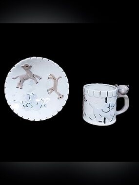 Vintage Handmade Ceramic Childrens Carousel Animals Mug Bowl Set Whimsical Fun